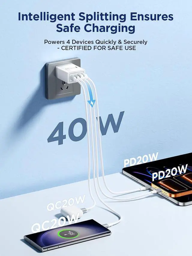 Alt view image 7 of 7 - USB C Charger Block, 40W Fast Charging Block Type C Charging Block 4-Port Dual Port PD+QC Wall Charger Head Cube for iPhone 17 16 15 14 13 12 11 Pro Max XS, iPad, Samsung Phone, Tablet