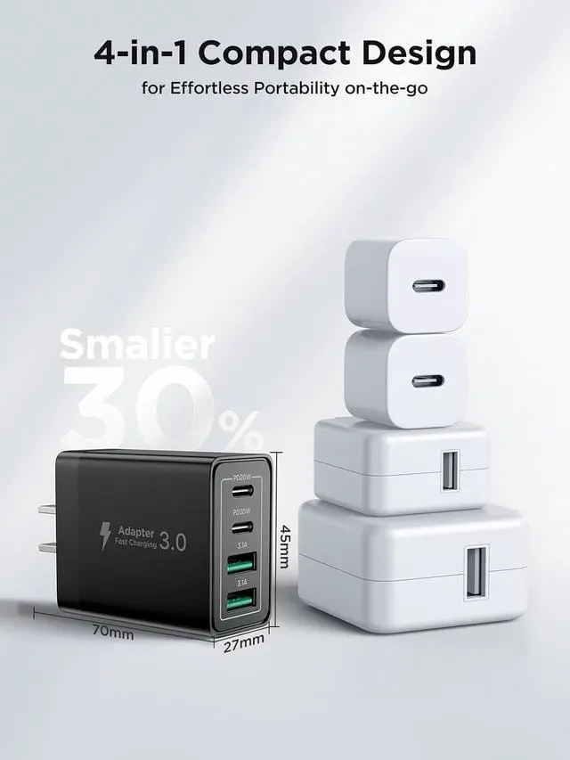 Alt view image 6 of 6 - USB C Charger Block, 40W Fast Charging Block Type C Charging Block 4-Port Dual Port PD+QC Wall Charger Head Cube for iPhone 17 16 15 14 13 12 11 Pro Max XS, iPad, Samsung Phone, Tablet BLACK