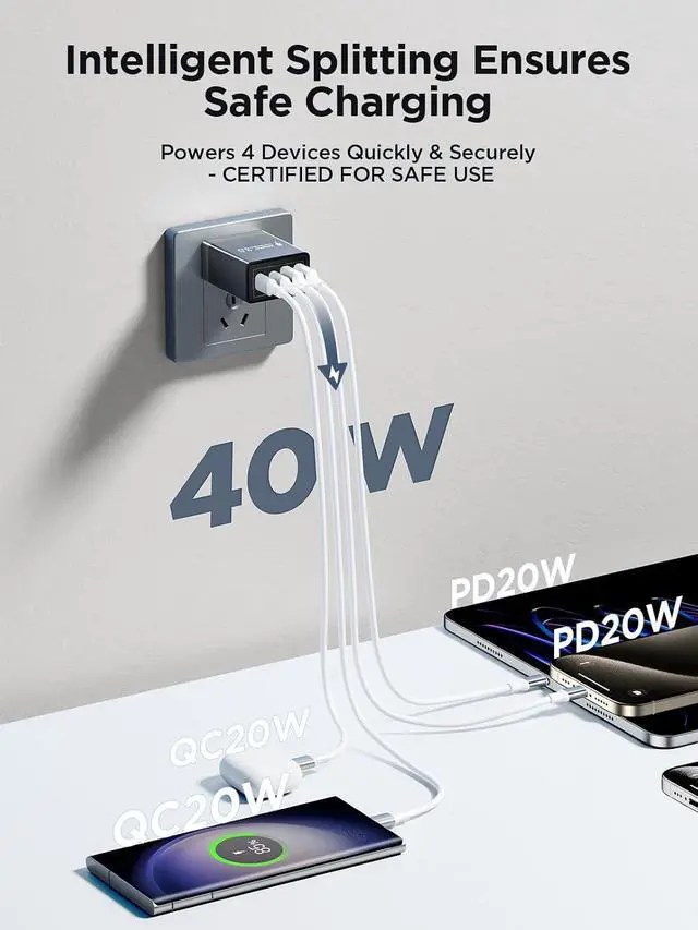 Alt view image 5 of 6 - USB C Charger Block, 40W Fast Charging Block Type C Charging Block 4-Port Dual Port PD+QC Wall Charger Head Cube for iPhone 17 16 15 14 13 12 11 Pro Max XS, iPad, Samsung Phone, Tablet BLACK