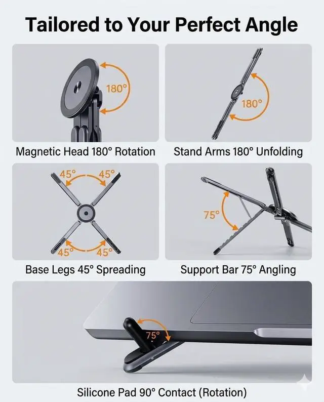 Alt view image 6 of 7 - Foldable Magnetic Laptop Stand, Portable Aluminum Ergonomic Riser | Compatible with Pad and laptops up to 16", aerospace aluminum, 8-Level adjustable height, lightweight for office & travel