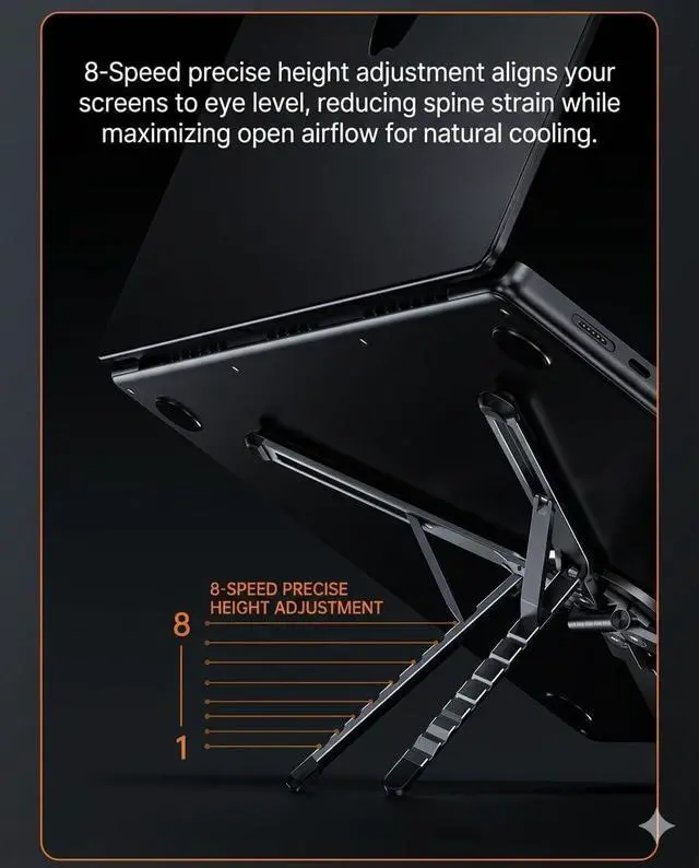 Alt view image 4 of 7 - Foldable Magnetic Laptop Stand, Portable Aluminum Ergonomic Riser | Compatible with Pad and laptops up to 16", aerospace aluminum, 8-Level adjustable height, lightweight for office & travel