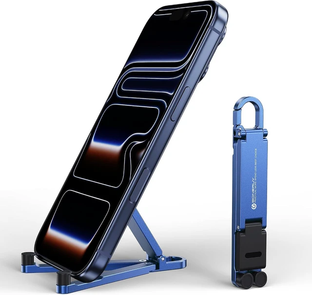 Main image of Portable Foldable Pocket Phone Stand with Keychain for Desk Travel(Blue) | Mini aluminum, adjustable kickstand, lightweight metal, slim compact for office, plane