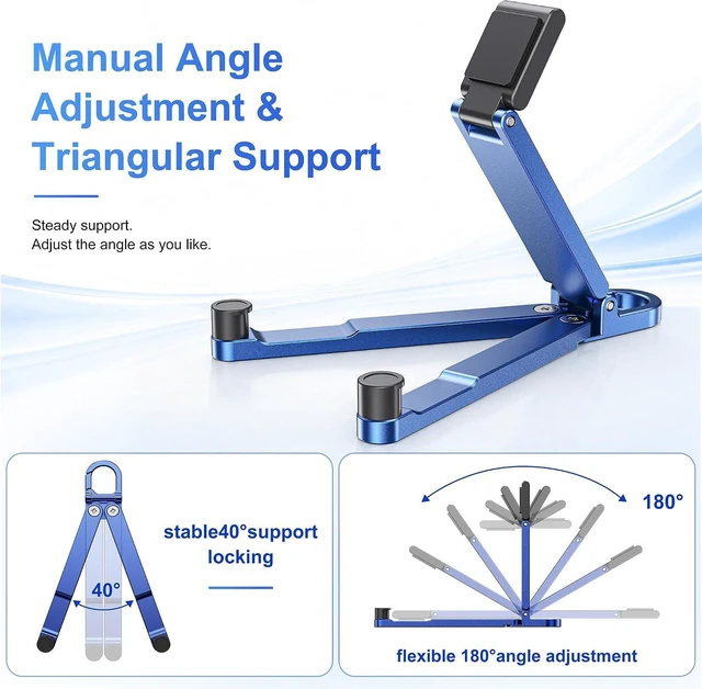 Alt view image 4 of 6 - Portable Foldable Pocket Phone Stand with Keychain for Desk Travel(Blue) | Mini aluminum, adjustable kickstand, lightweight metal, slim compact for office, plane
