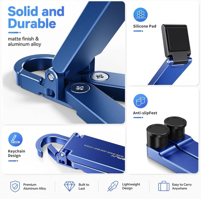 Alt view image 5 of 6 - Portable Foldable Pocket Phone Stand with Keychain for Desk Travel(Blue) | Mini aluminum, adjustable kickstand, lightweight metal, slim compact for office, plane