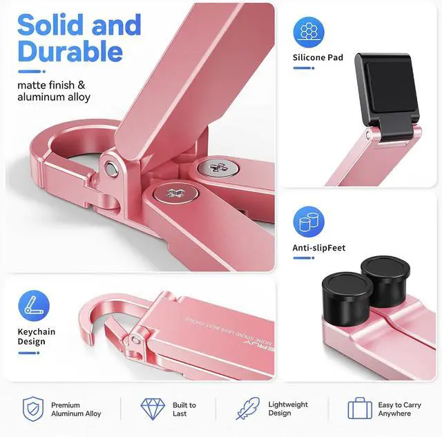 Alt view image 2 of 6 - Portable Foldable Pocket Phone Stand with Keychain for Desk Travel(Blue) | Mini aluminum, adjustable kickstand, lightweight metal, slim compact for office, plane Pink