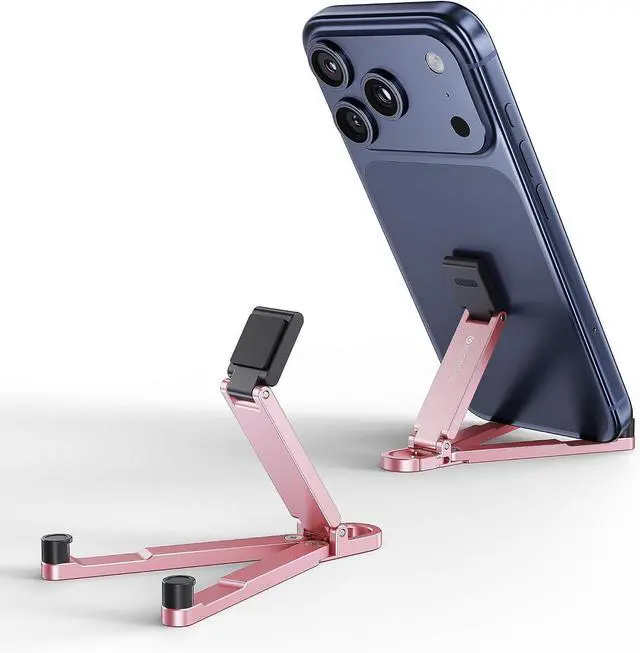 Main image of Portable Foldable Pocket Phone Stand with Keychain for Desk Travel(Blue) | Mini aluminum, adjustable kickstand, lightweight metal, slim compact for office, plane Pink