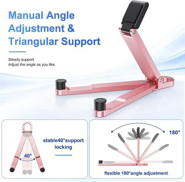 Alt view image 5 of 6 - Portable Foldable Pocket Phone Stand with Keychain for Desk Travel(Blue) | Mini aluminum, adjustable kickstand, lightweight metal, slim compact for office, plane Pink