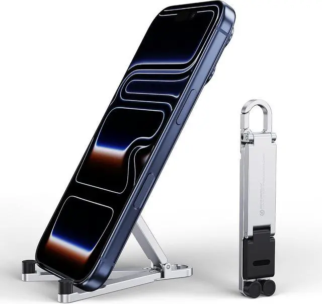 Main image of Portable Foldable Pocket Phone Stand with Keychain for Desk Travel(Blue) | Mini aluminum, adjustable kickstand, lightweight metal, slim compact for office, plane Silver