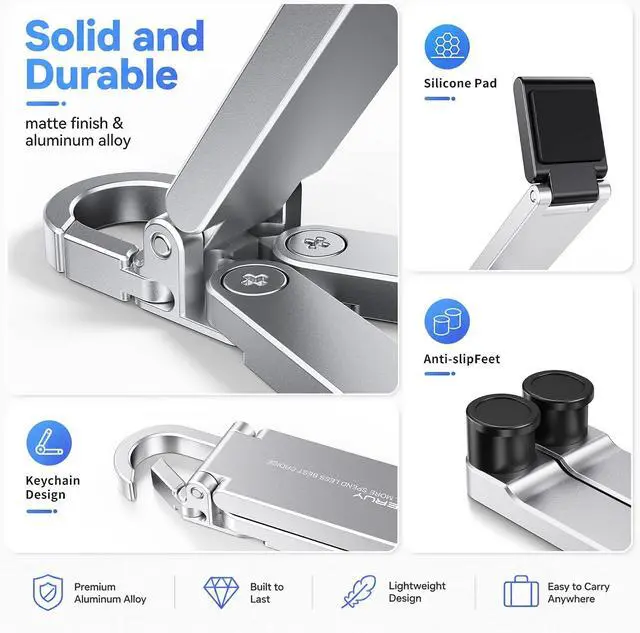 Alt view image 5 of 6 - Portable Foldable Pocket Phone Stand with Keychain for Desk Travel(Blue) | Mini aluminum, adjustable kickstand, lightweight metal, slim compact for office, plane Silver