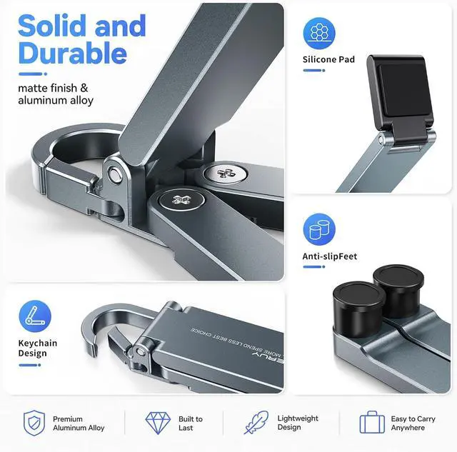 Alt view image 3 of 6 - Portable Foldable Pocket Phone Stand with Keychain for Desk Travel(Blue) | Mini aluminum, adjustable kickstand, lightweight metal, slim compact for office, plane Grey