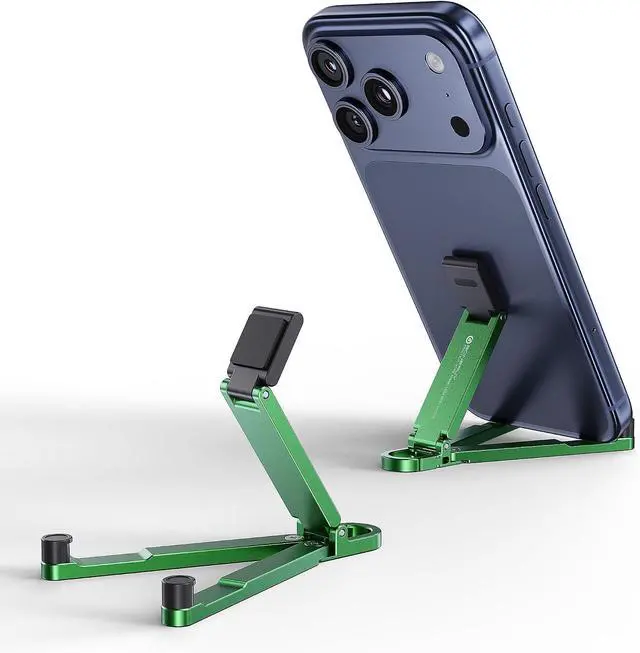 Main image of Portable Foldable Pocket Phone Stand with Keychain for Desk Travel(Blue) | Mini aluminum, adjustable kickstand, lightweight metal, slim compact for office, plane Green