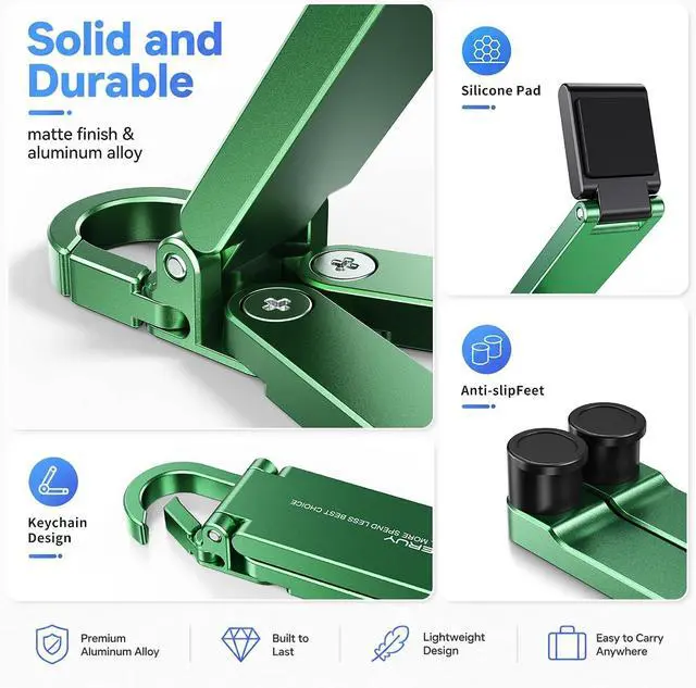 Alt view image 3 of 6 - Portable Foldable Pocket Phone Stand with Keychain for Desk Travel(Blue) | Mini aluminum, adjustable kickstand, lightweight metal, slim compact for office, plane Green