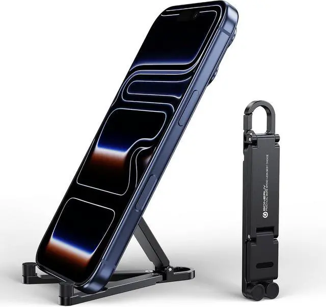 Main image of Portable Foldable Pocket Phone Stand with Keychain for Desk Travel(Blue) | Mini aluminum, adjustable kickstand, lightweight metal, slim compact for office, plane Black