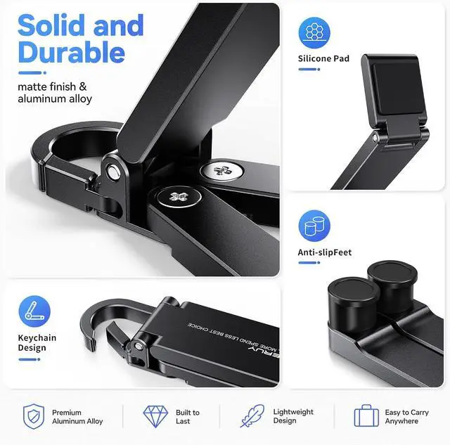 Alt view image 5 of 6 - Portable Foldable Pocket Phone Stand with Keychain for Desk Travel(Blue) | Mini aluminum, adjustable kickstand, lightweight metal, slim compact for office, plane Black