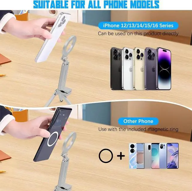 Alt view image 4 of 7 - Magnetic Tripod Phone Stand, Adjustable Foldable Aluminum Alloy Magnet Cell Phone Tripod Holder with Universal 1/4 Screw Interface for iPhones and Androids with Magnetic Ring