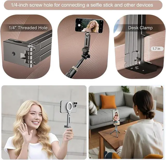 Alt view image 6 of 7 - Magnetic Tripod Phone Stand, Adjustable Foldable Aluminum Alloy Magnet Cell Phone Tripod Holder with Universal 1/4 Screw Interface for iPhones and Androids with Magnetic Ring