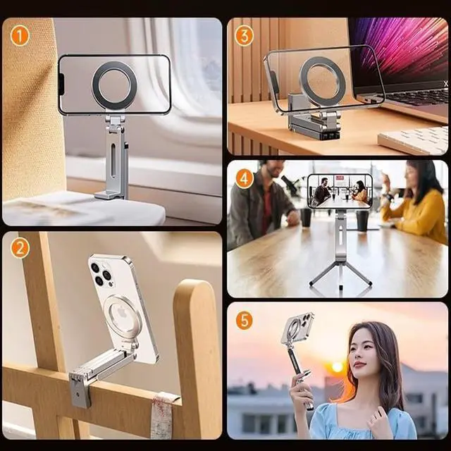Alt view image 2 of 7 - Magnetic Tripod Phone Stand, Adjustable Foldable Aluminum Alloy Magnet Cell Phone Tripod Holder with Universal 1/4 Screw Interface for iPhones and Androids with Magnetic Ring
