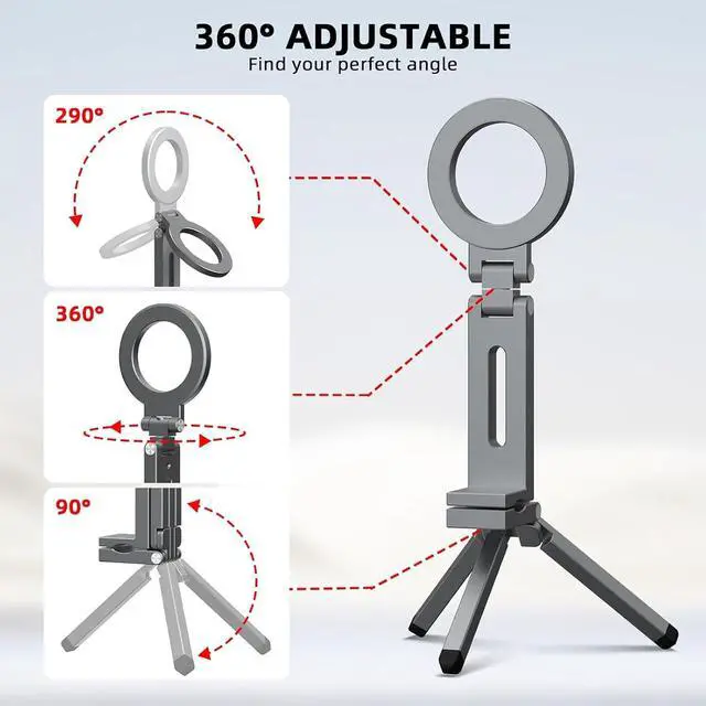 Alt view image 2 of 7 - Magnetic Tripod Phone Stand, Adjustable Foldable Aluminum Alloy Magnet Cell Phone Tripod Holder with Universal 1/4 Screw Interface for iPhones and Androids with Magnetic Ring Grey