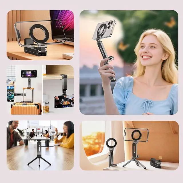 Alt view image 6 of 7 - Magnetic Tripod Phone Stand, Adjustable Foldable Aluminum Alloy Magnet Cell Phone Tripod Holder with Universal 1/4 Screw Interface for iPhones and Androids with Magnetic Ring Grey