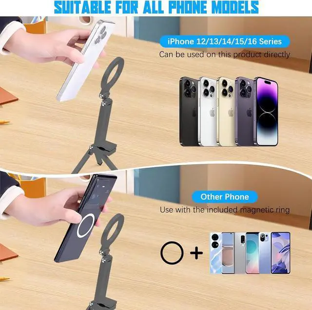 Alt view image 4 of 7 - Magnetic Tripod Phone Stand, Adjustable Foldable Aluminum Alloy Magnet Cell Phone Tripod Holder with Universal 1/4 Screw Interface for iPhones and Androids with Magnetic Ring Grey
