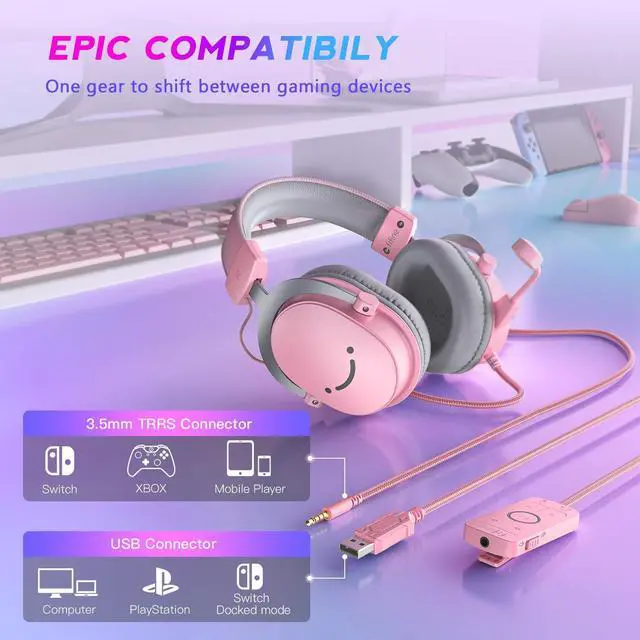 Alt view image 3 of 7 - H9 Wired Gaming Headset with Microphone, 3.5mm and USB Connectivity | 50mm Drivers, 7.1 Surround Sound, Lightweight, Soft Ear Cusion, Detachable Boom Mic, USB Control Box, for PC, Xbox, PS4/5 Pink