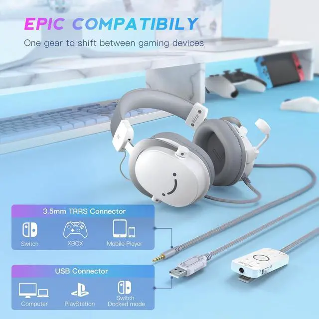 Alt view image 2 of 7 - H9 Wired Gaming Headset with Microphone, 3.5mm and USB Connectivity | 50mm Drivers, 7.1 Surround Sound, Lightweight, Soft Ear Cusion, Detachable Boom Mic, USB Control Box, for PC, Xbox, PS4/5 white