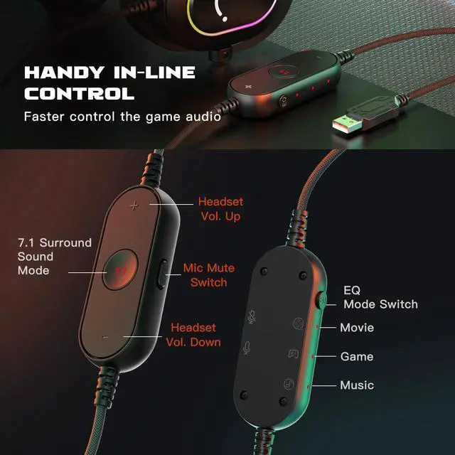 Alt view image 4 of 7 - AmpliGame H6 Wired USB Gaming Headset with Dynamic RGB, 3 EQ Modes | 50mm drivers, Pinpoint 7.1 Surround, Durable Protain Leather, Detachable Mic, USB Control Box, Compatible with PC, PS4/5, Mac