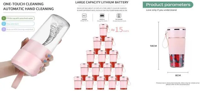 Alt view image 2 of 5 - BDI Portable Juice Blender Cup with 6 Blades Ice Crusher & USB Rechargeable pink