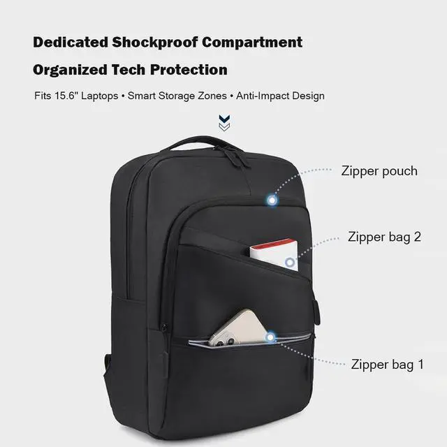 Alt view image 2 of 7 - 15.6 Inch Shockproof Backpack with USB Charging Water Resistant and Multi Purpose(BLACK)