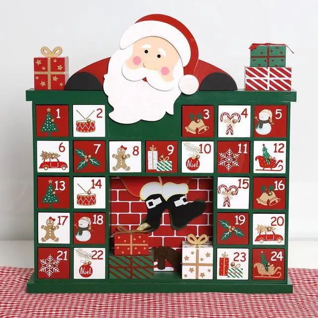 Main image of PIONEER-EFFORT Extra-large Wooden Christmas Advent Calendar with Drawers, 24-Day Countdown to Christmas, Holiday Decoration with Santa Fireplace Design, Reusable Advent Calendar