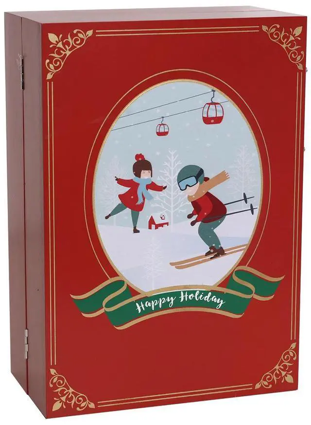 Alt view image 3 of 7 - PIONEER-EFFORT Christmas Wooden Advent Calendar Book with 24 Drawers And LED Lighting Christmas Skiing Scenes Red Color Countdown Holiday Gifts Adults Kids Home Decoration