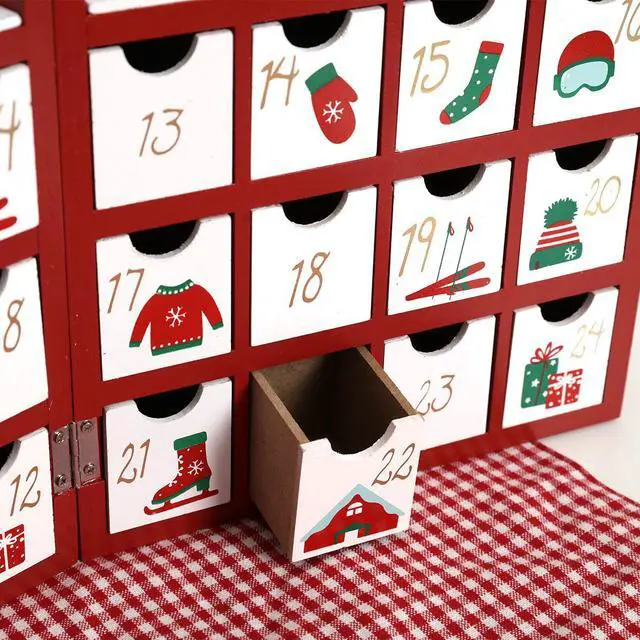 Alt view image 5 of 7 - PIONEER-EFFORT Christmas Wooden Advent Calendar Book with 24 Drawers And LED Lighting Christmas Skiing Scenes Red Color Countdown Holiday Gifts Adults Kids Home Decoration