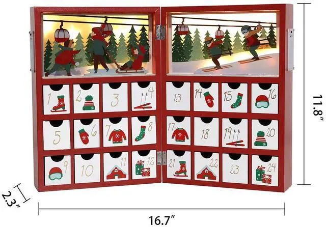 Alt view image 2 of 7 - PIONEER-EFFORT Christmas Wooden Advent Calendar Book with 24 Drawers And LED Lighting Christmas Skiing Scenes Red Color Countdown Holiday Gifts Adults Kids Home Decoration
