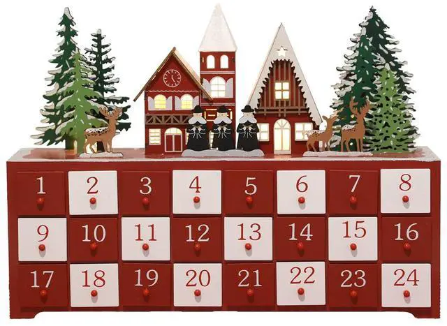 Main image of PIONEER-EFFORT Christmas Wooden Advent Calendar House with 24 Drawers Countdown and LED light to Christmas Decoration Fill Small Gifts for Kids (14.8'' x 3.1'' x10.7'')