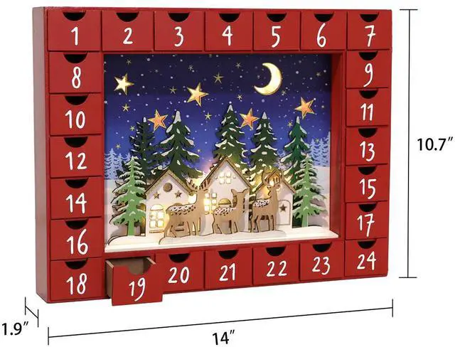 Alt view image 2 of 7 - Pioneer-Effort Christmas Wooden Advent Calendar with LED and 24 Drawers to Fill Small Gifts Countdown to Christmas Decoration
