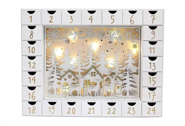 Alt view image 3 of 6 - PIONEER-EFFORT Christmas Wooden Advent Calendar with 24 Drawers to Fill Small Gifts Christmas Scene with LED Lights Countdown to Xmas Tabletop Decoration