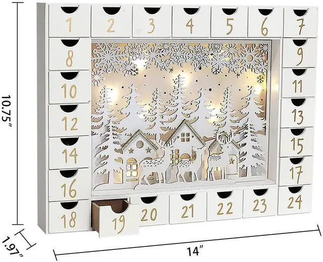 Alt view image 2 of 6 - PIONEER-EFFORT Christmas Wooden Advent Calendar with 24 Drawers to Fill Small Gifts Christmas Scene with LED Lights Countdown to Xmas Tabletop Decoration