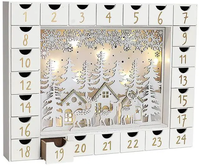 Main image of PIONEER-EFFORT Christmas Wooden Advent Calendar with 24 Drawers to Fill Small Gifts Christmas Scene with LED Lights Countdown to Xmas Tabletop Decoration
