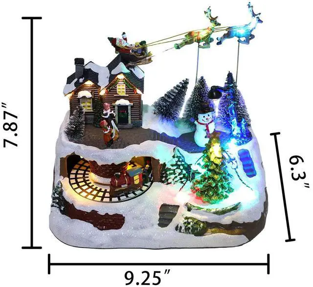 Alt view image 2 of 7 - PIONEER-EFFORT Musical Christmas Village Figurines with Spinning Train, Lighted Xmas Collectibles Statues with Santa Sleigh, Battery Christmas Home Gifts Festive Holiday Decor 9.3''×6.3''×8''