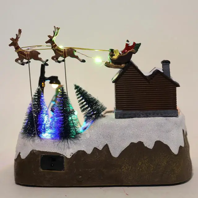 Alt view image 4 of 7 - PIONEER-EFFORT Musical Christmas Village Figurines with Spinning Train, Lighted Xmas Collectibles Statues with Santa Sleigh, Battery Christmas Home Gifts Festive Holiday Decor 9.3''×6.3''×8''