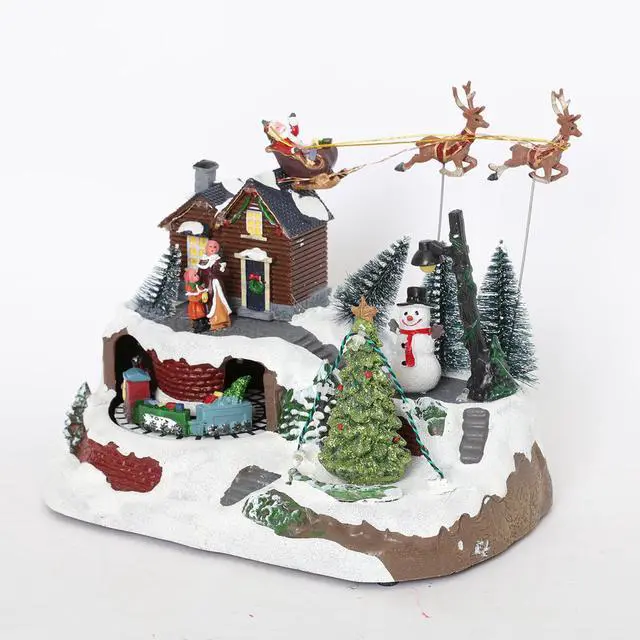 Alt view image 3 of 7 - PIONEER-EFFORT Musical Christmas Village Figurines with Spinning Train, Lighted Xmas Collectibles Statues with Santa Sleigh, Battery Christmas Home Gifts Festive Holiday Decor 9.3''×6.3''×8''
