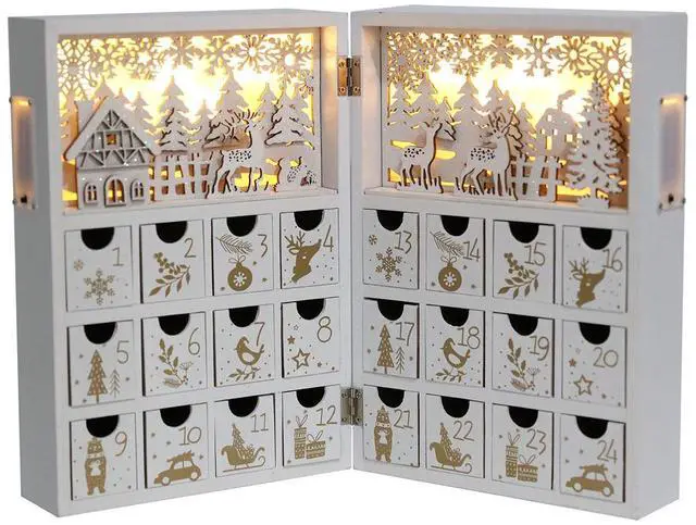 Main image of PIONEER-EFFORT Christmas Wooden Advent Calendar Book with LEDs White & Gold Christmas Reindeer Countdown Holiday Gifts with 24 Drawers Adults Kids Home Decoration (White&Gold,with light)
