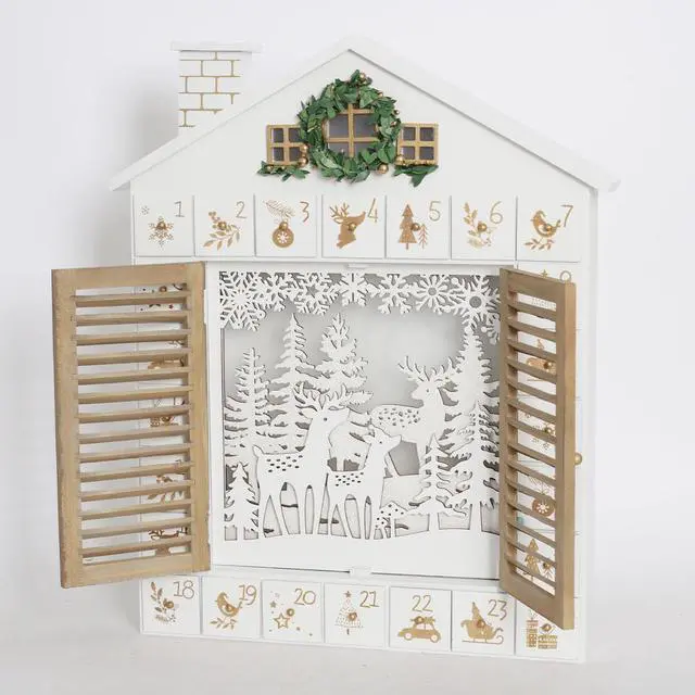 Alt view image 3 of 7 - PIONEER-EFFORT Wooden Christmas Advent Calendar House with Blinds Style LEDs Reindeer Forest Xmas Gifts for Adults