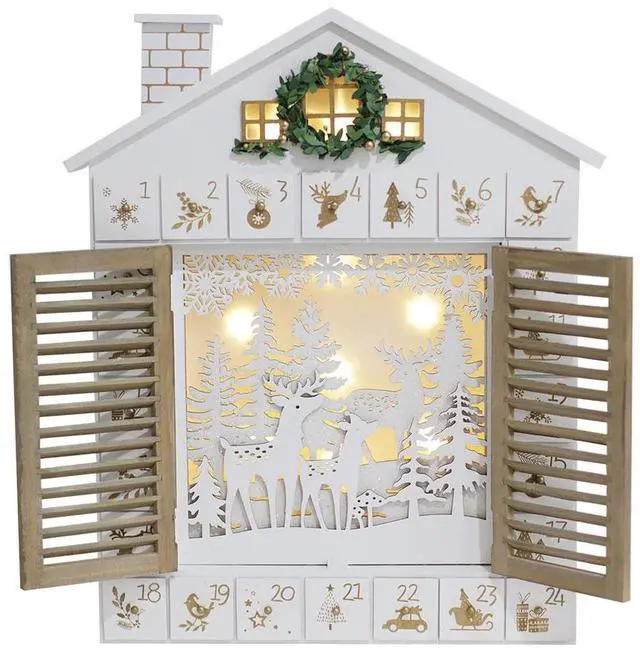 Main image of PIONEER-EFFORT Wooden Christmas Advent Calendar House with Blinds Style LEDs Reindeer Forest Xmas Gifts for Adults