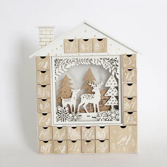 Alt view image 2 of 7 - PIONEER-EFFORT Christmas Wooden Advent Calendar House with 24 Drawers Countdown to Christmas Decoration Fill Small Gifts for Kids (12.3'' x 2.3'' x14.9'', White)