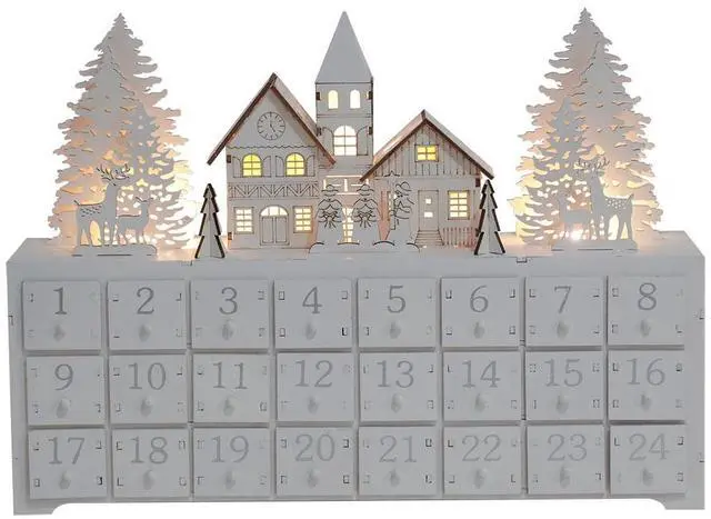 Main image of PIONEER-EFFORT Christmas Wooden Advent Calendar House with 24 Drawers Countdown to Christmas Decoration Fill Small Gifts for Kids (14.8'' x 3.1'' x10.6''., White)