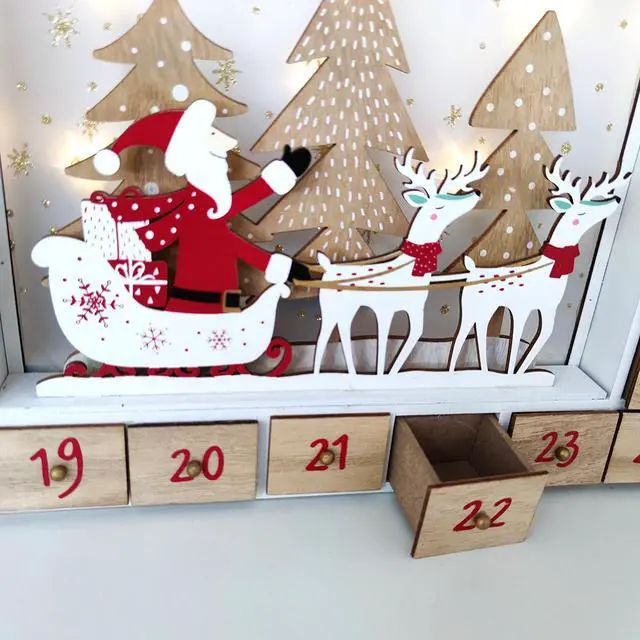 Alt view image 4 of 6 - PIONEER-EFFORT Christmas Wooden Advent Calendar with 24 Drawers to Fill Small Gifts Santa and Sleigh Scene with LED Lights Countdown to Christmas Tabletop Decoration