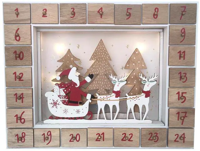 Main image of PIONEER-EFFORT Christmas Wooden Advent Calendar with 24 Drawers to Fill Small Gifts Santa and Sleigh Scene with LED Lights Countdown to Christmas Tabletop Decoration