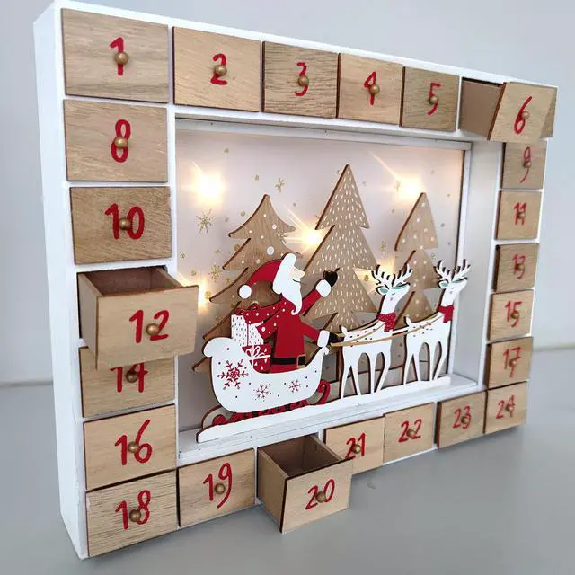 Alt view image 2 of 6 - PIONEER-EFFORT Christmas Wooden Advent Calendar with 24 Drawers to Fill Small Gifts Santa and Sleigh Scene with LED Lights Countdown to Christmas Tabletop Decoration