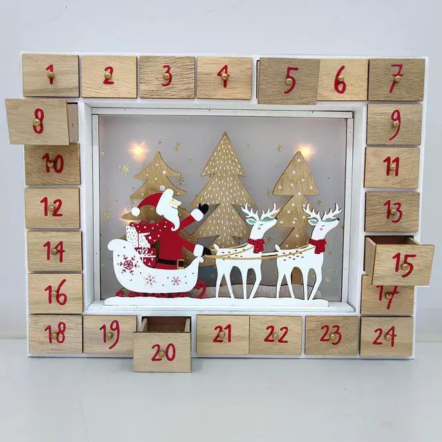 Alt view image 3 of 6 - PIONEER-EFFORT Christmas Wooden Advent Calendar with 24 Drawers to Fill Small Gifts Santa and Sleigh Scene with LED Lights Countdown to Christmas Tabletop Decoration